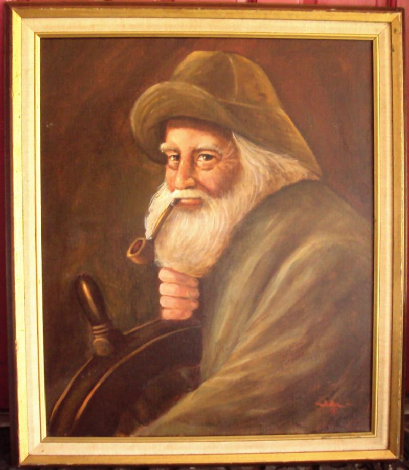 "Gloucester Man at the Helm" by Whalen oil on canvas